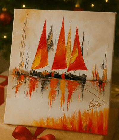 Tableau Voiliers « Voiles de Feu » – Peint main et signé Eva Jekins
