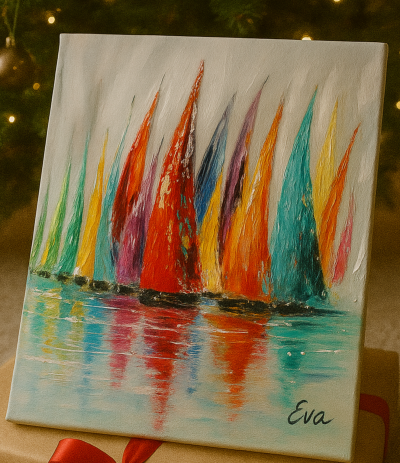 Tableau Voiliers  Multicolores – Peint main et signé Eva Jekins