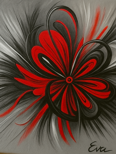 Tableau Fleur Abstraite Rouge design – Peint main et signé Eva Jekins