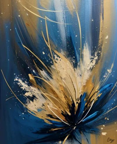 Tableau peinture Fleur Moderne dorée et bleu - artiste EVA JEKINS