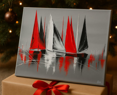 Tableau Voiliers « Voiles d’Hiver » rouge gris design – Peint main et signé Eva Jekins