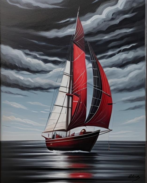 Tableau Peinture XXL Marine Bateau rouge gris 120x100 - Nouvelle Collection Excellence 