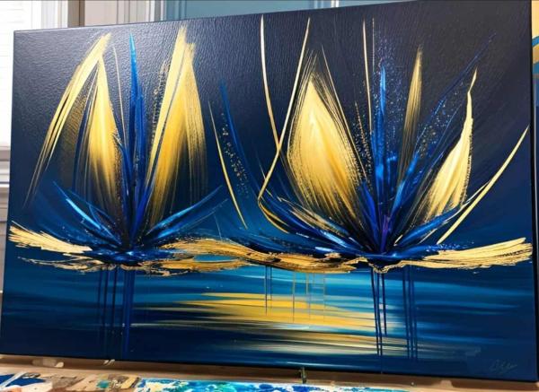 Tableau abstrait bleu et or design peinture - artiste EVA JEKINS