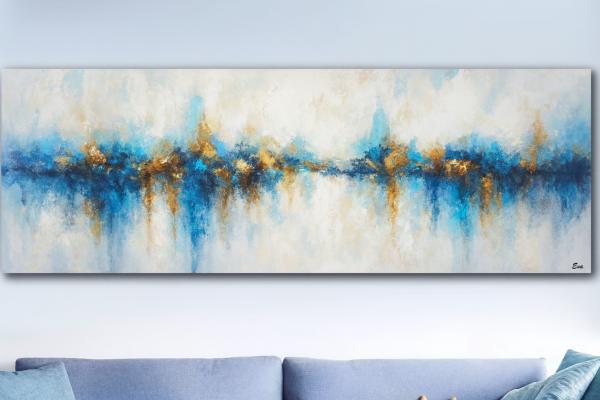 Tableau peinture Panoramique Bleu Nuancé doré Abstrait - Collection Excellence- Artiste Eva Jekins