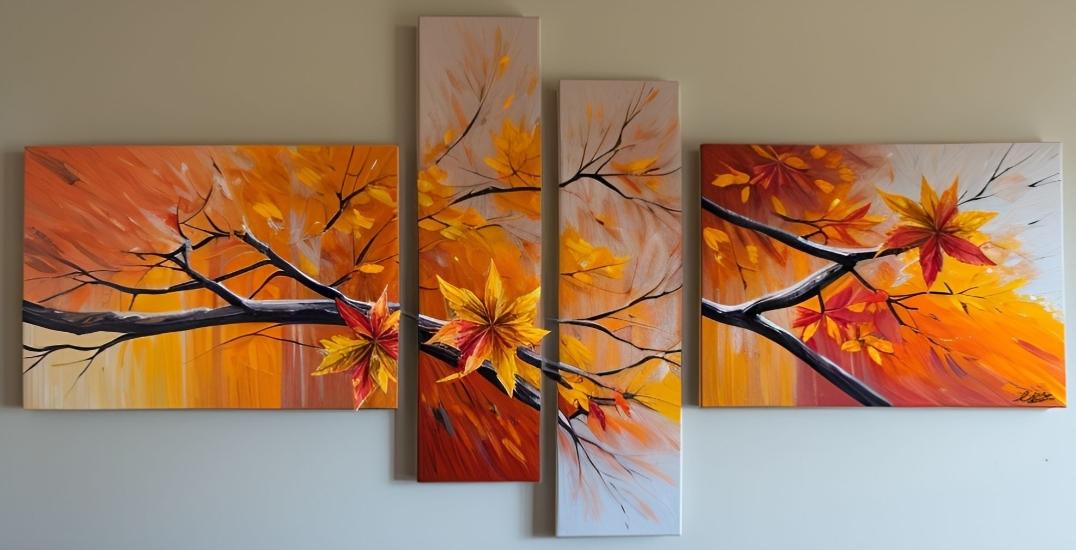 Tableau peinture Automne orangé arbre et feuilles peint main 