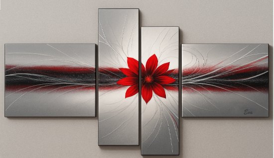 Tableaux design Gris Argenté Fleur Rouge - peint main et signé Eva Jekins