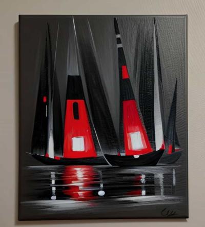 Tableau peinture Contrastes voiliers rouge noir gris minimaliste - artiste EVA JEKINS