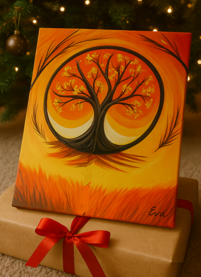 Tableau Arbre de Vie Orangé– Peint main et signé Eva Jekins