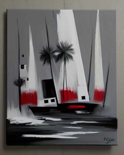 Tableau peinture Gris rouge Marine Le Port Palmiers- artiste EVA JEKINS