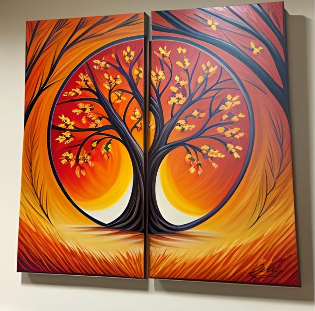 Tableau peinture arbre de vie orange nuancé- Artiste Eva Jekins 