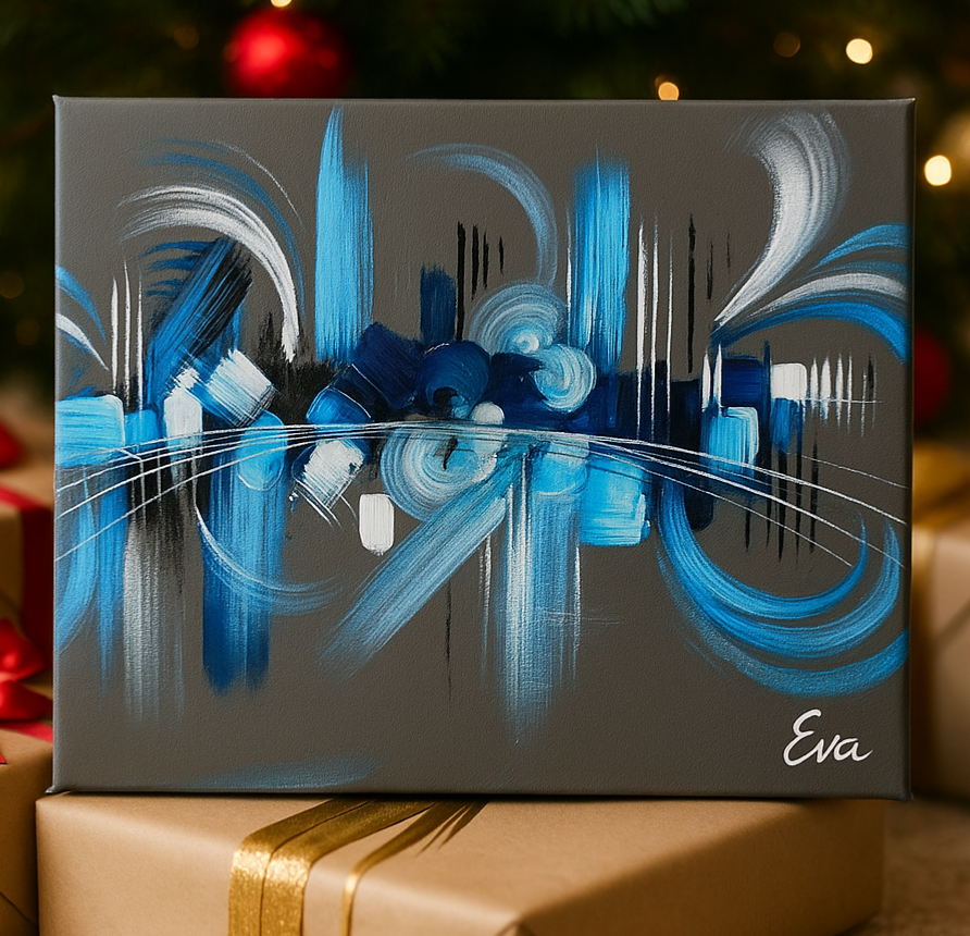 Tableau Abstrait Bleu Gris – Peint main et signé Eva Jekins