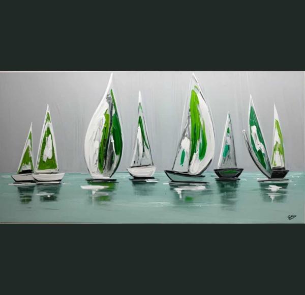 Grand tableau panoramique Marine gris vert - Artiste Eva Jekins