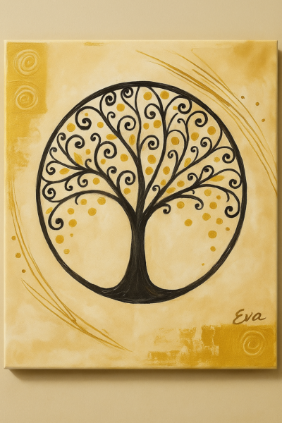 Tableau Arbre de Vie beige et doré– Peint main et Signé Eva Jekins