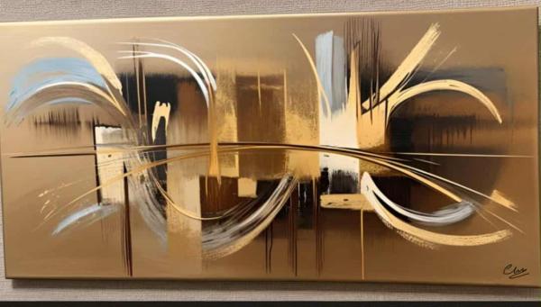 Tableau peinture Panoramique Beige Doré Choco Abstrait - Collection Excellence- Artiste Eva Jekins