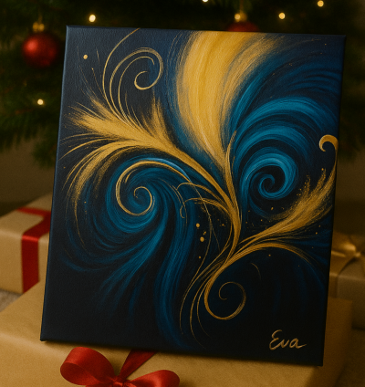 Tableau Abstrait Bleu Canard Doré - Peint main et signé Eva Jekins