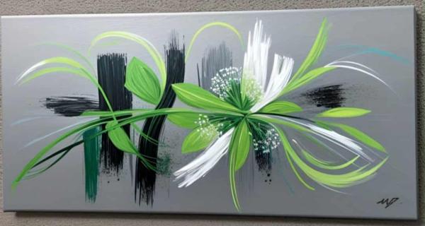 Tableau peinture Panoramique Fleur nuances vert Abstrait - Collection Excellence- Artiste Eva Jekins