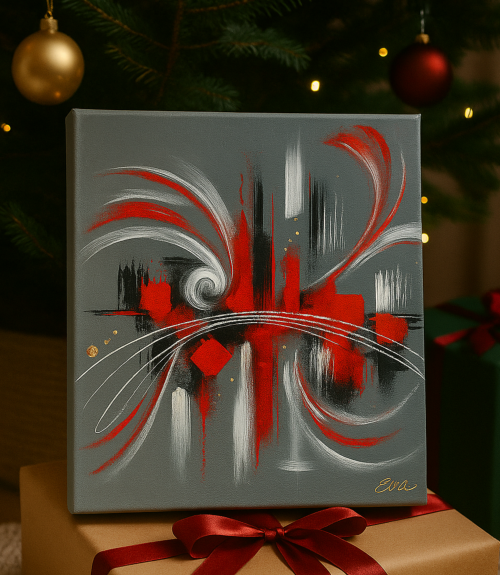 Tableau Abstrait Rouge Gris – Peint main et signé Eva Jekins