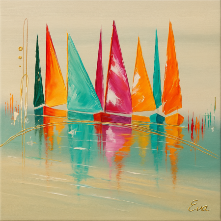 Tableau Voiliers « Regatta Arc-en-Ciel » – Peint main et signé Eva Jekins